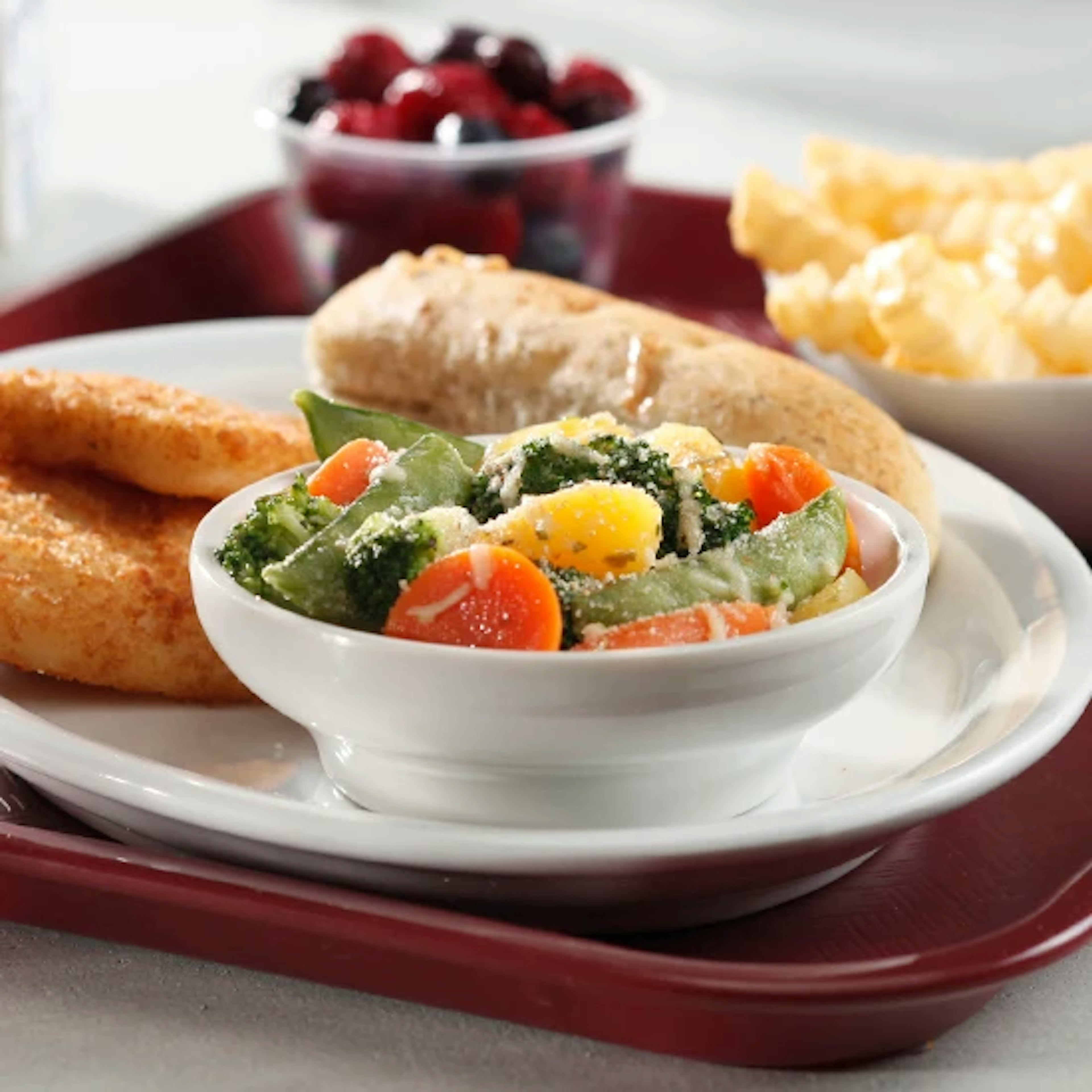 Fish, Fries, and Herb Crusted Vegetables